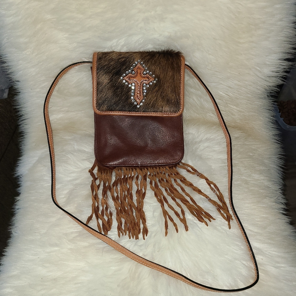 Montana Silversmiths Leather and Fur Cross Crossbody Bag Vintage Purse